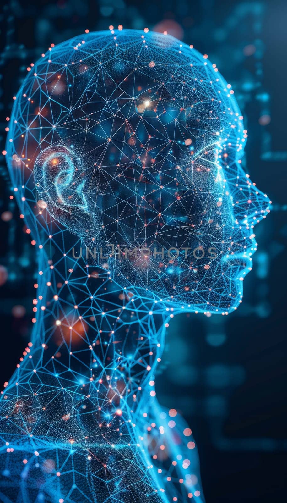 Ai human on abstract bokeh background representing emerging artificial intelligence concepts