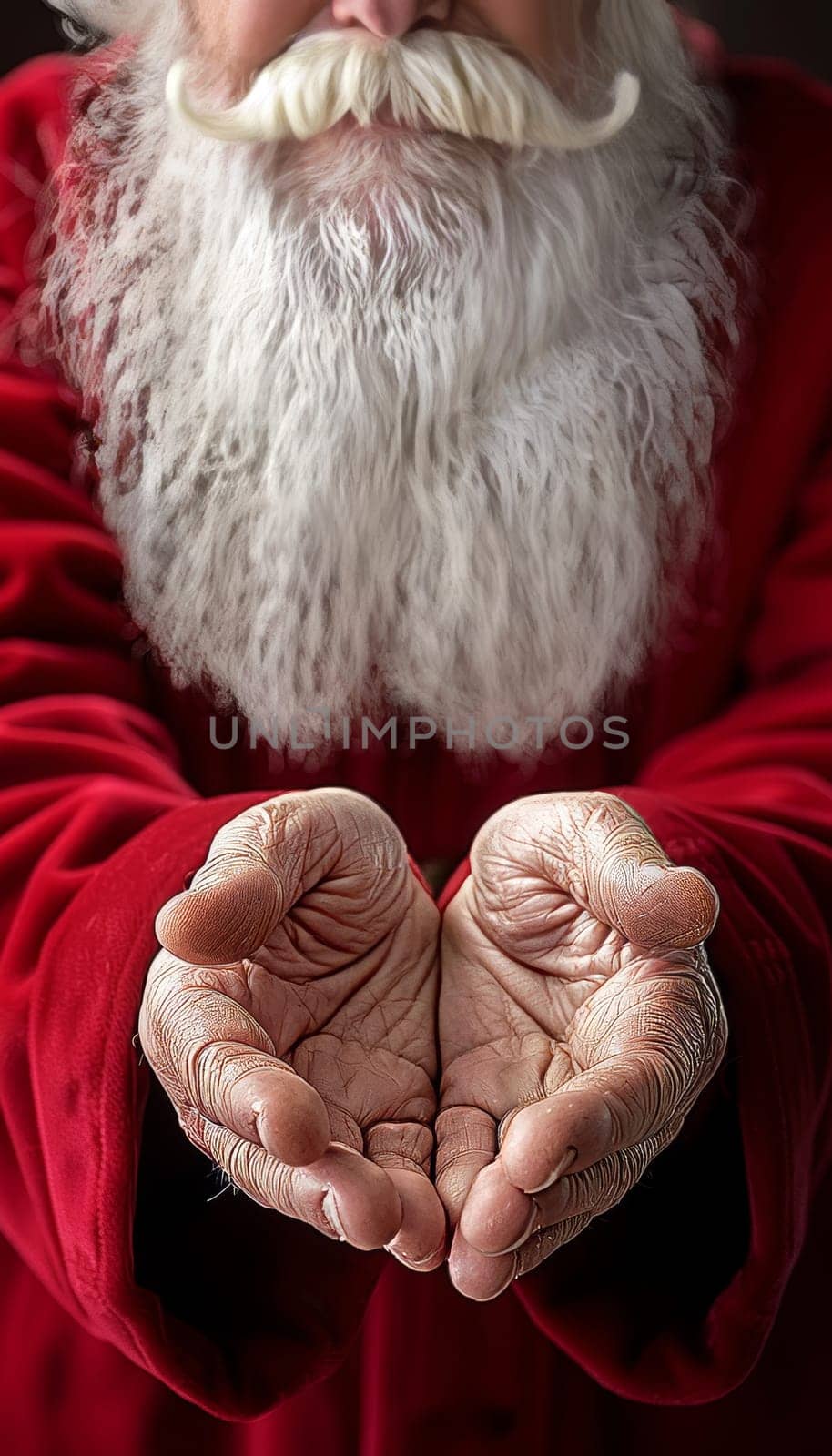 Santa claus holding hands for mockup, new year and future concepts in a close up view