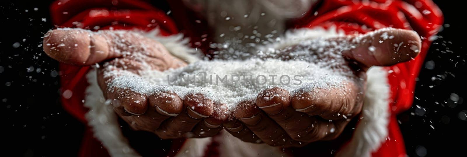 Santa claus holding snow, new year and future concepts in a close up view