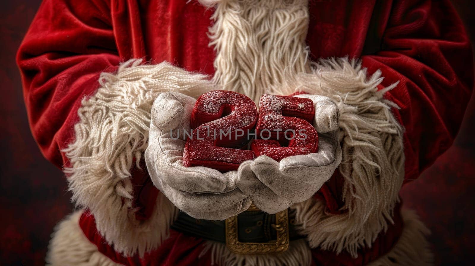 Close up of santa claus hands holding 25 symbol, signifying new year and future concepts