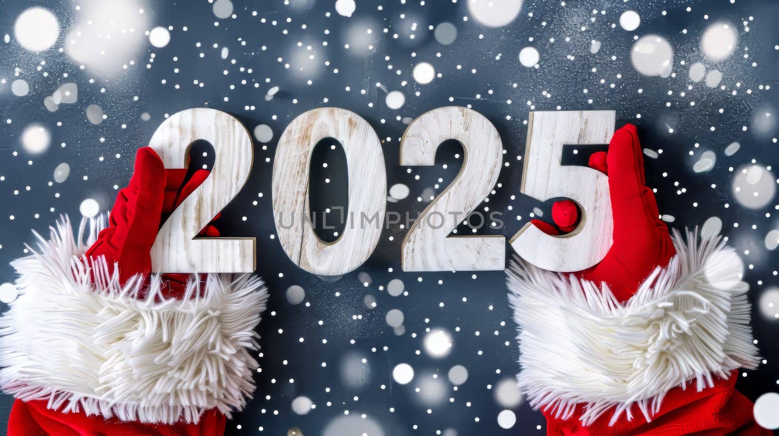 Santa claus hands holding 2025 number symbol, representing new year and future ideas