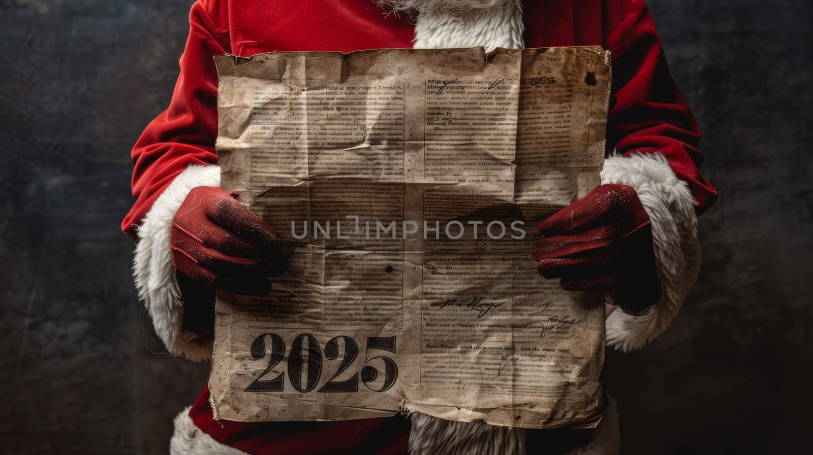 Santa claus holding news paper with year 2025 signifying new year and future concepts, Christmas
