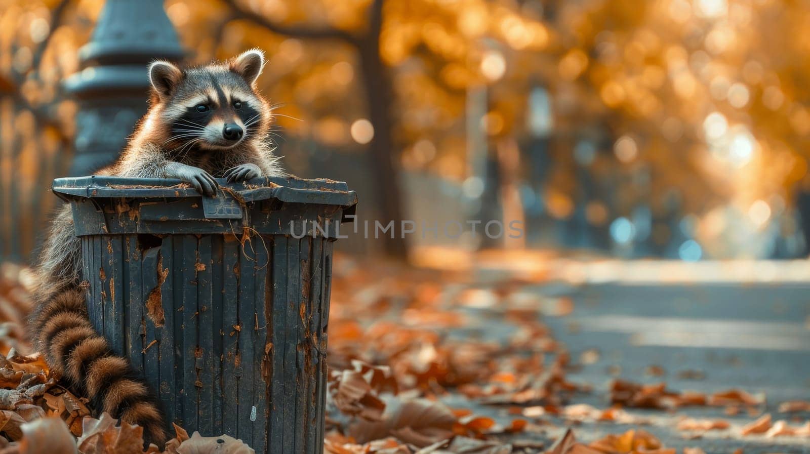 Curious raccoon in trash can, gazing at camera with copy space on blurred background