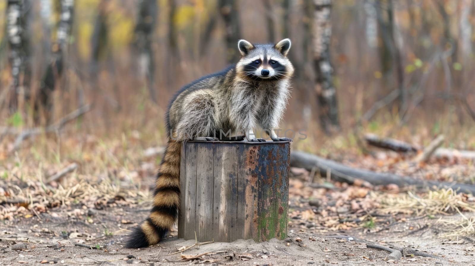 Curious raccoon near trash can, gazing at camera with blurred background space for text