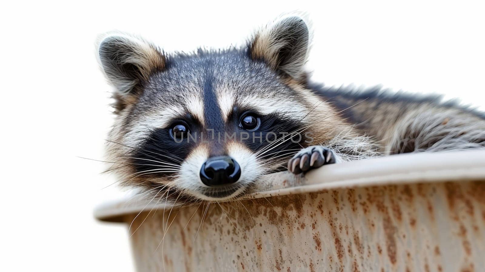 Curious raccoon by trash can, eyeing camera, with blurred background and text space