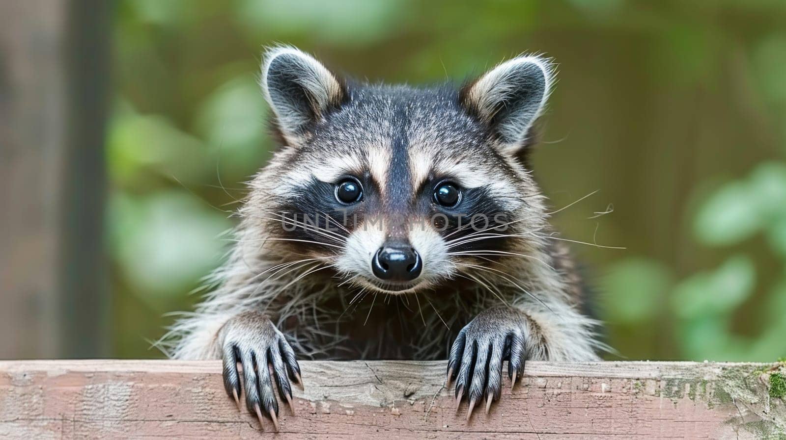 Curious raccoon looking at camera with blurred background space for text