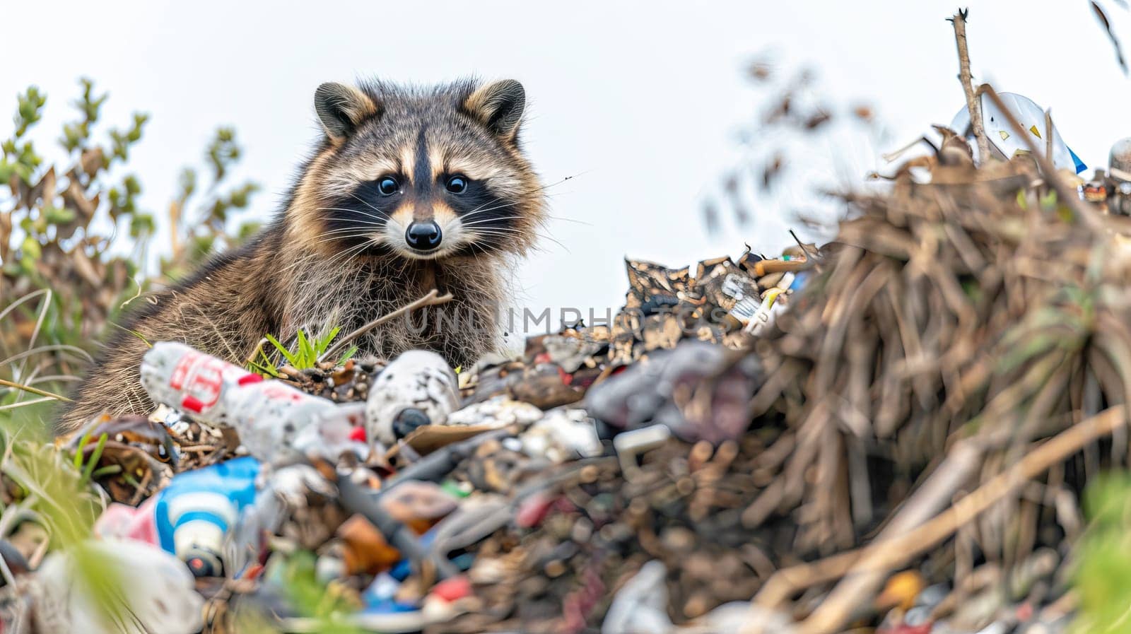 Inquisitive raccoon eating garbage, gazing at camera on white background with text space
