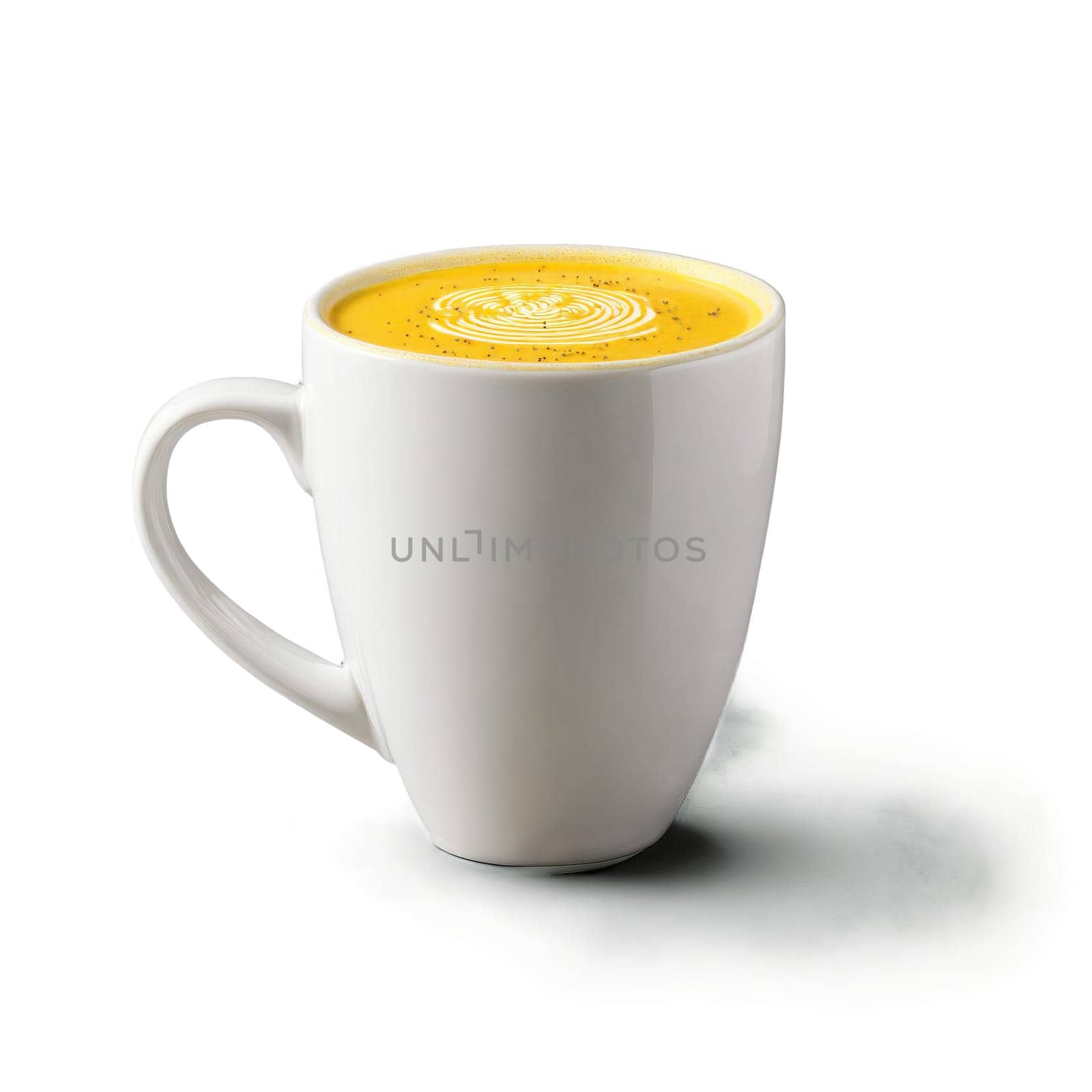 Turmeric latte mug bright yellow and filled with vibrant golden milk one empty and one. Food isolated on transparent background.