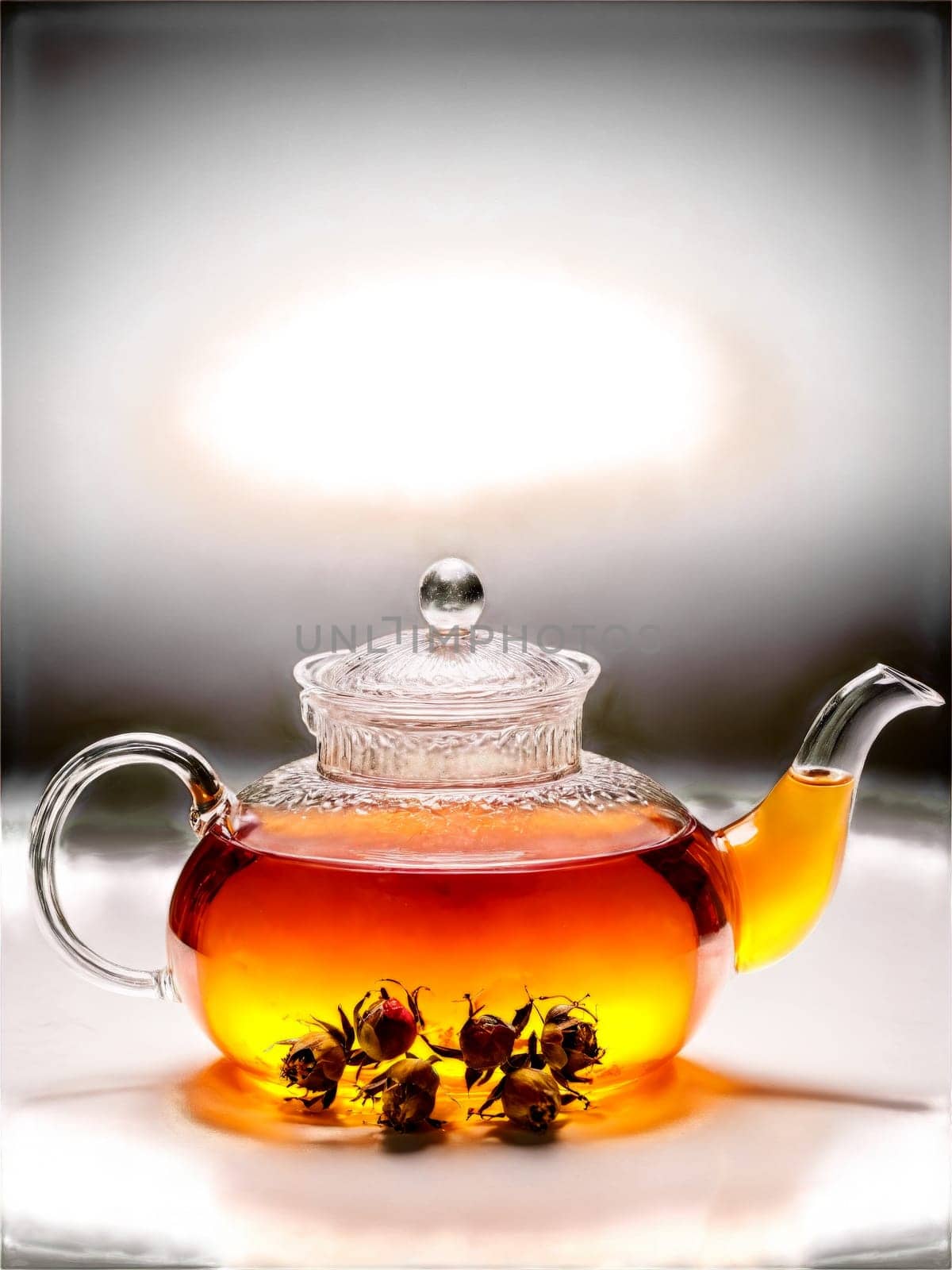 Rose hip tea clear glass teapot dried rose hips warm amber hue romantic feel. Drink isolated on transparent background.