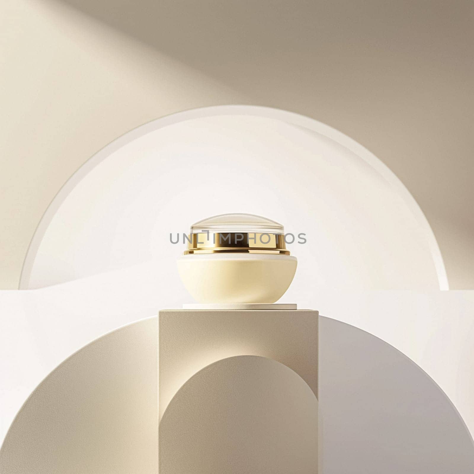 Face cream in a glass jar on a white and gold background. Skin care concept. Backdrop for beauty cosmetic products