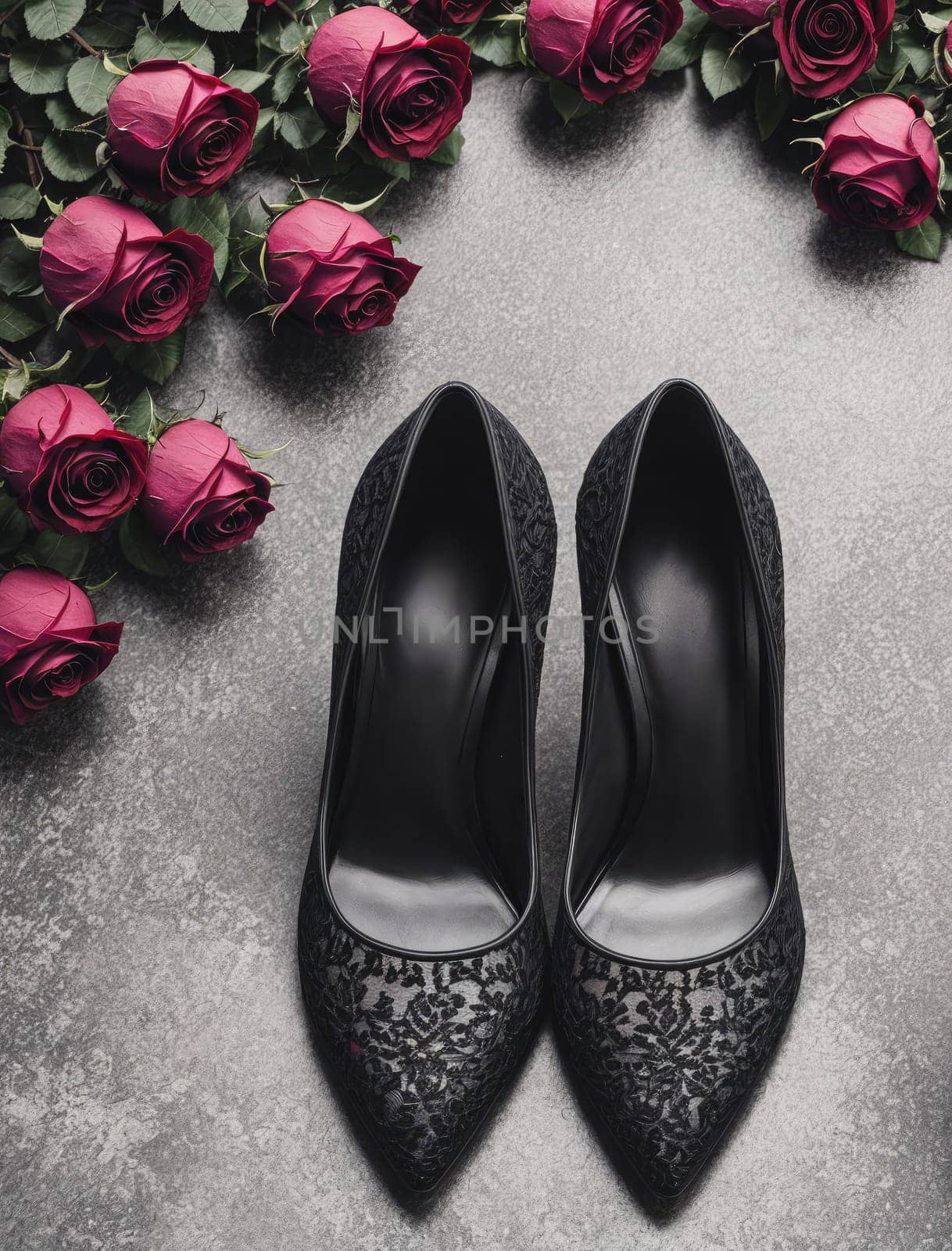 A pair of black lace up heels are on a table next to a bunch of red roses. The shoes are the main focus of the image, and the roses are used as a decorative element to create a romantic