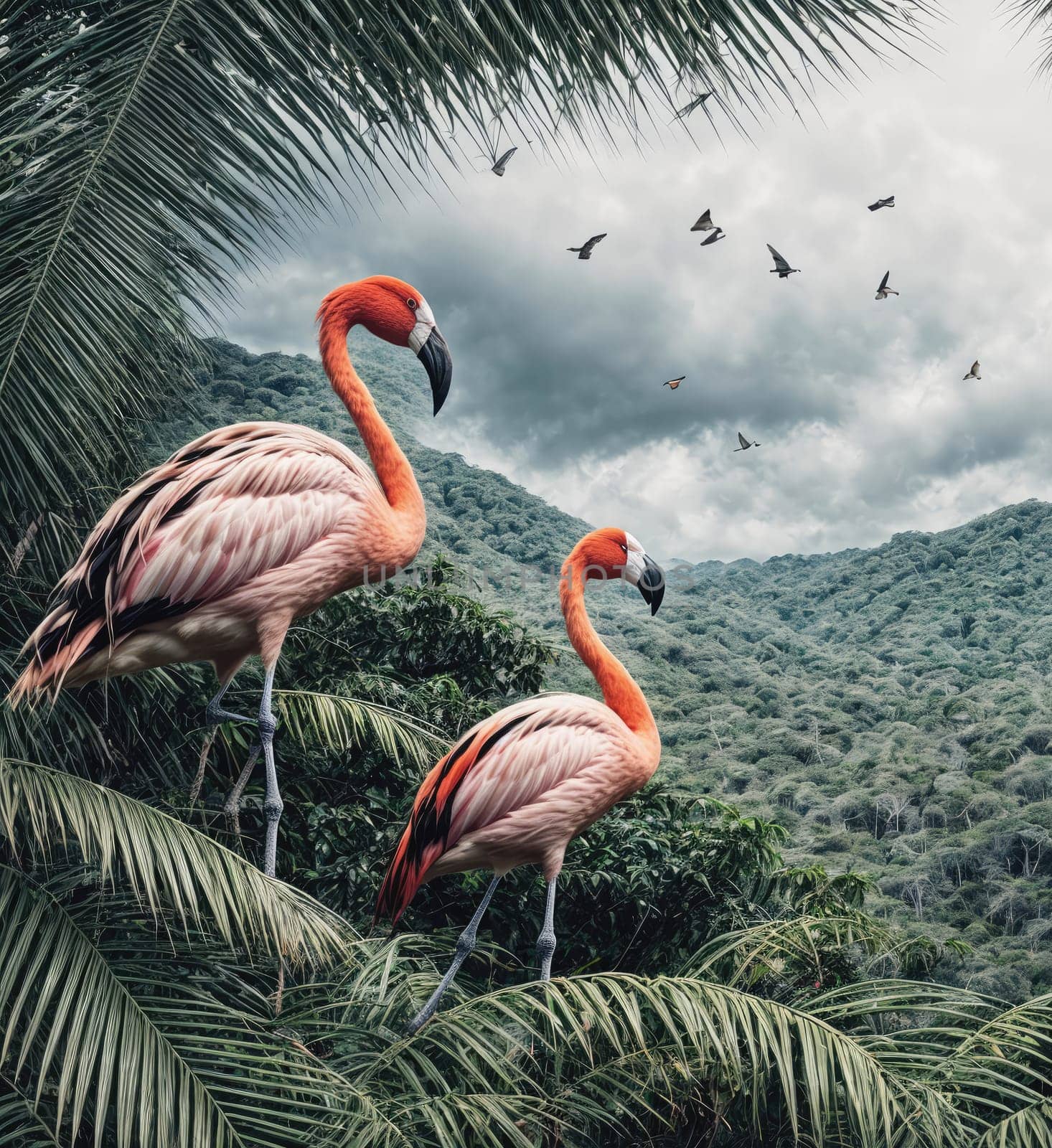 Two flamingos standing in a lush green forest. The birds are surrounded by trees and bushes, and there are many birds flying around them