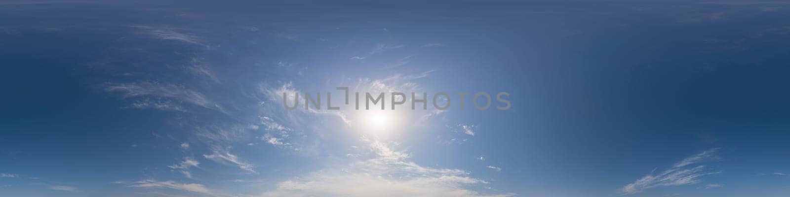 Blue summer sky panorama with light Cumulus clouds. Hdr seamless spherical equirectangular 360 panorama. Sky dome or zenith for 3D visualization and sky replacement for aerial drone 360 panoramas. by panophotograph