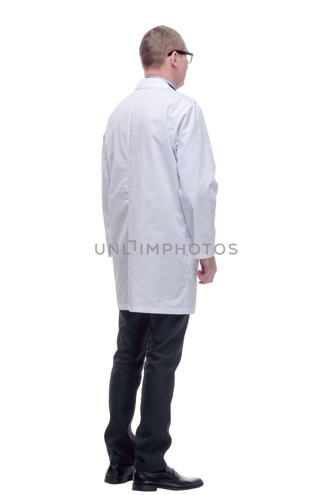 Handsome young doctor wearing glasses with arms crossed on white background by asdf