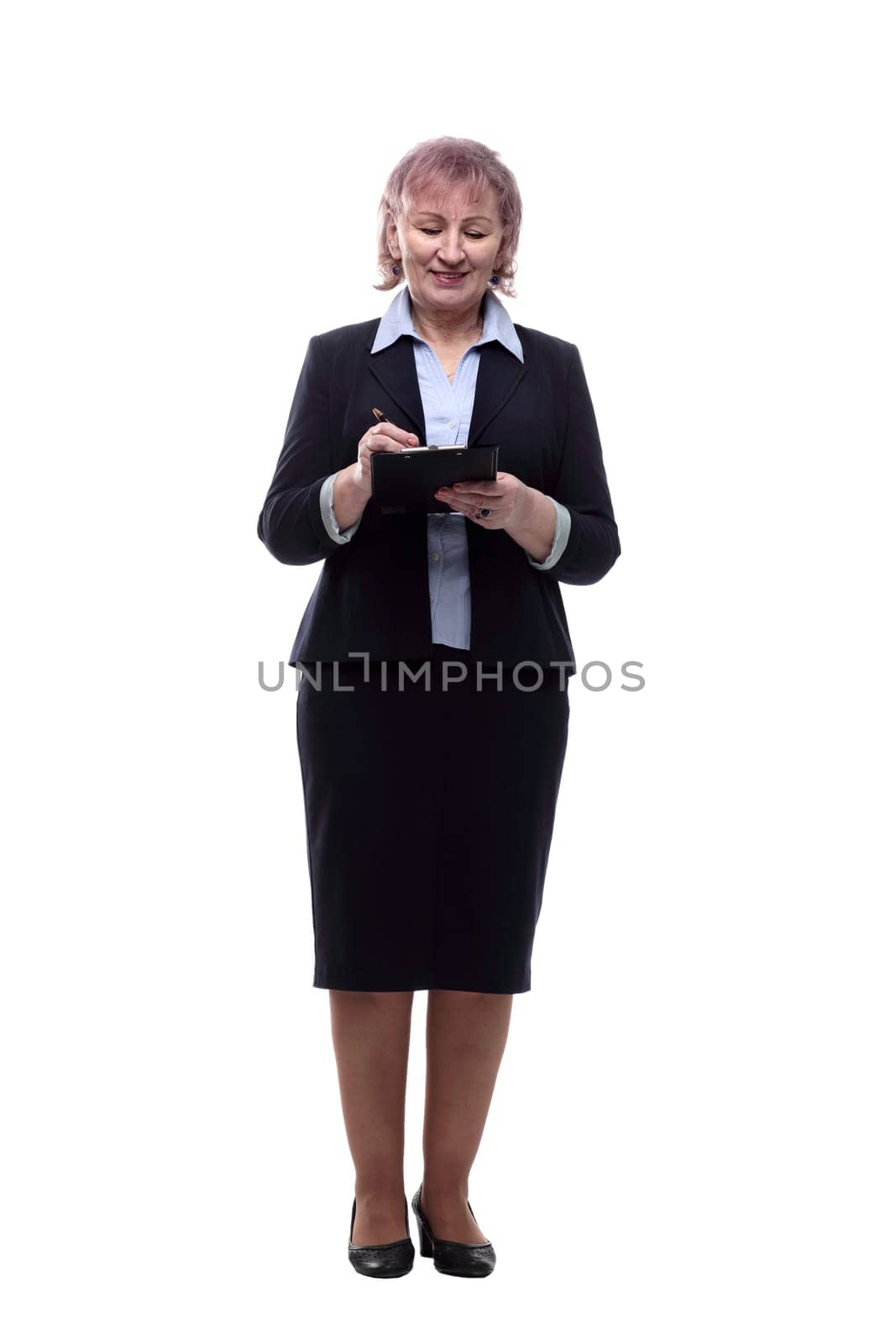 responsible business woman with a clipboard. isolated on a white by asdf