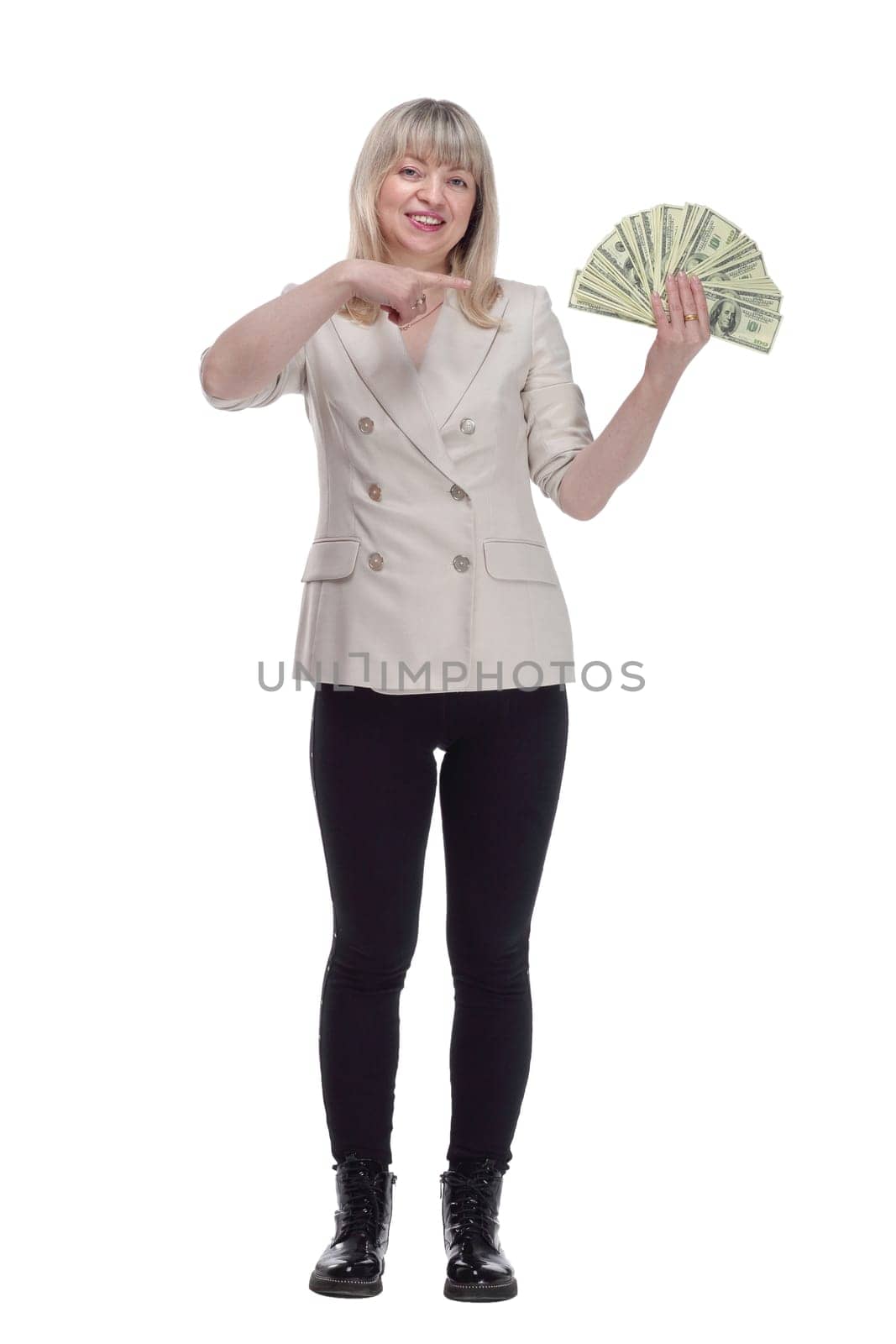 very happy woman with dollar bills. isolated on a white background. by asdf