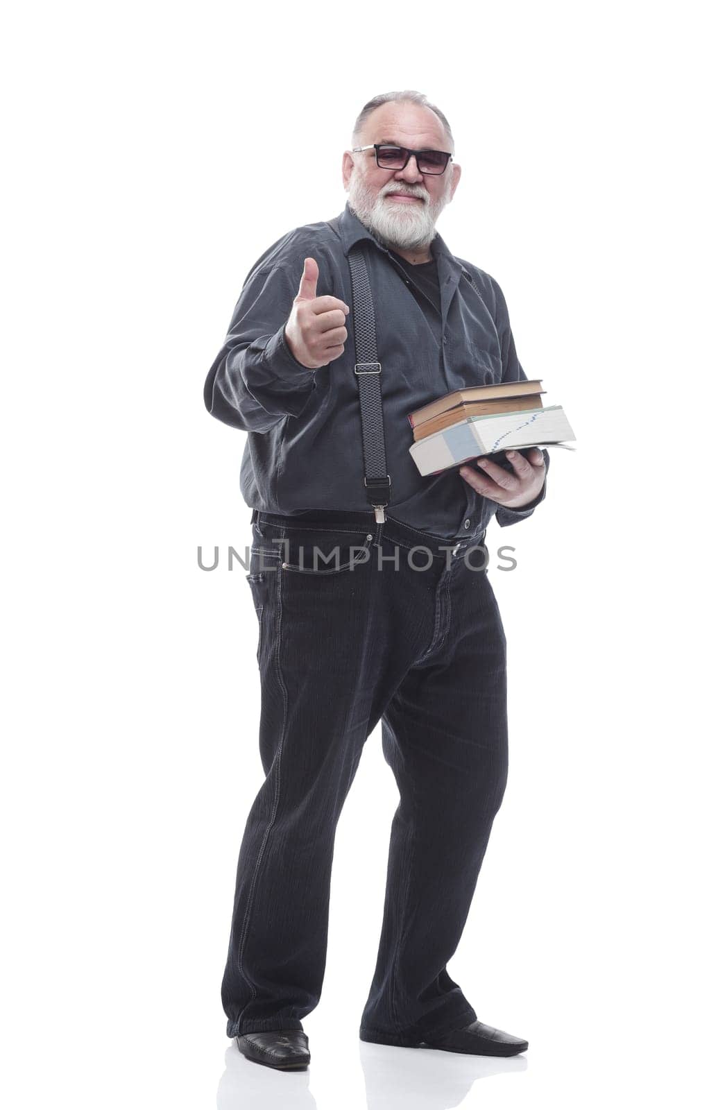 full- length . an adult man with a stack of documents . isolated on a white