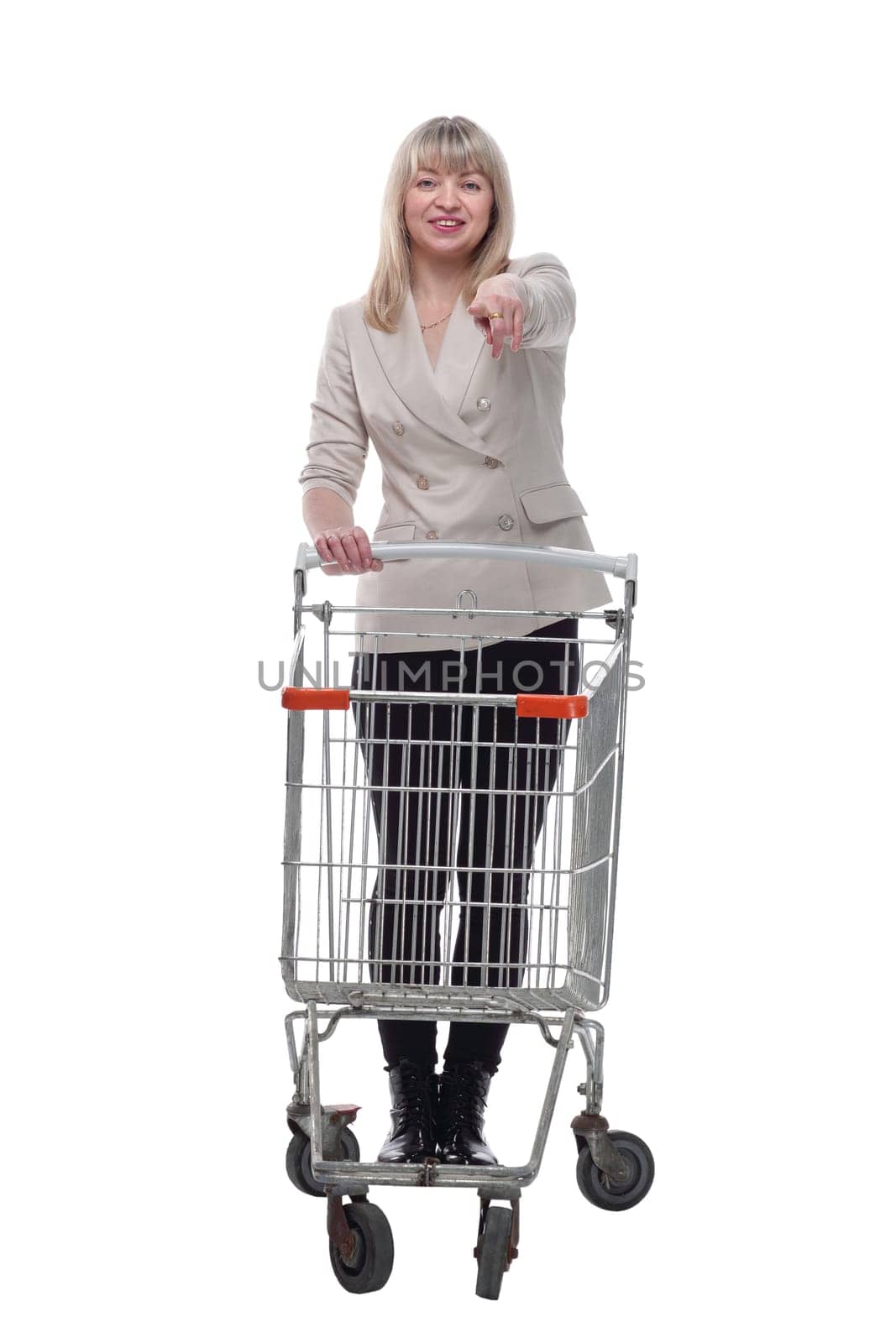 casual adult woman with shopping cart . isolated on a white background. by asdf