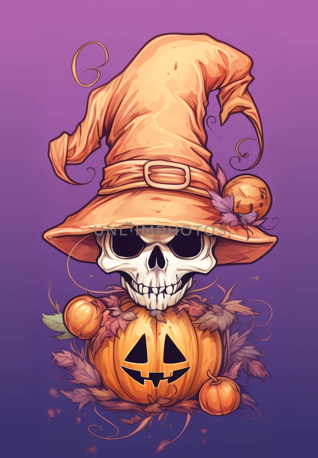 Halloween cartoon skull in hat. Halloween characters Clipart.