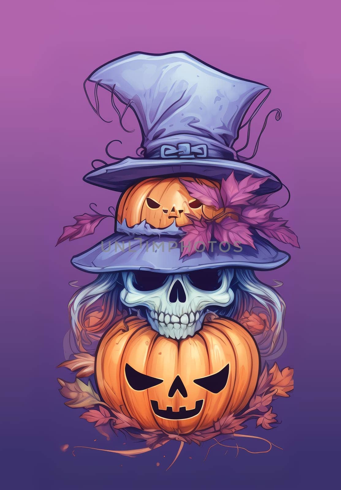 Halloween cartoon skull in hat. Halloween characters Clipart.