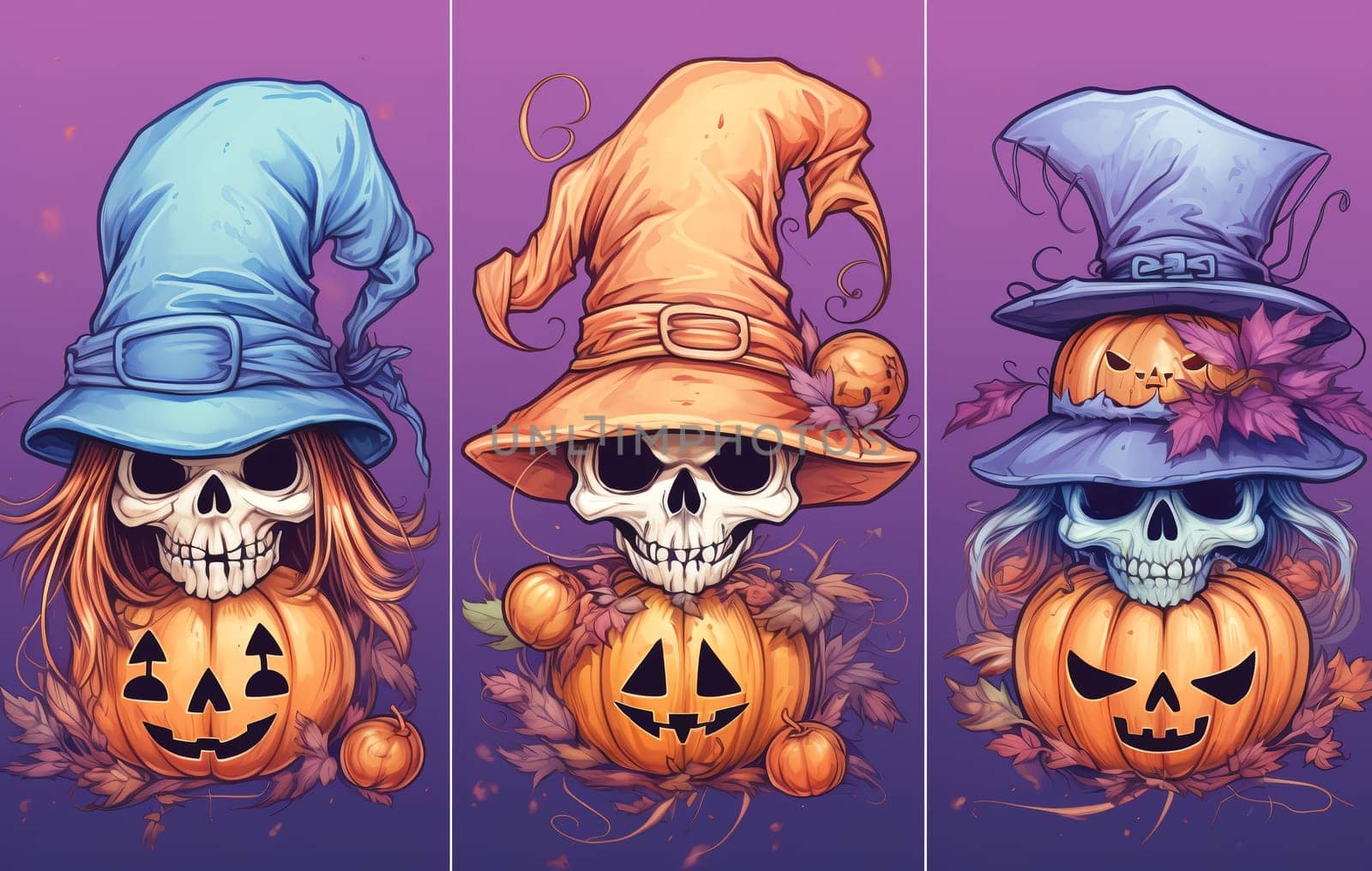 Halloween cartoon skull in hat. Halloween characters Clipart.