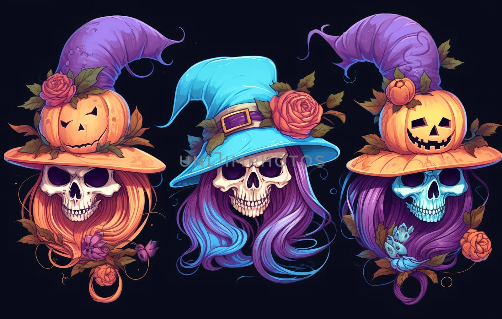 Halloween cartoon skull in hat. Halloween characters Clipart.