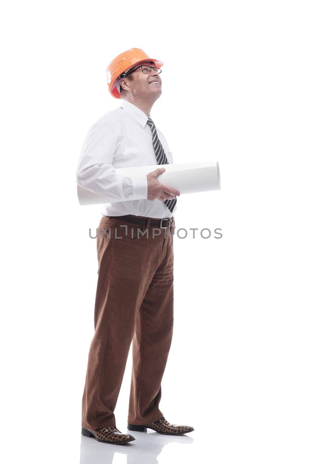smiling architect with drawings in a protective helmet. isolated on a white by asdf