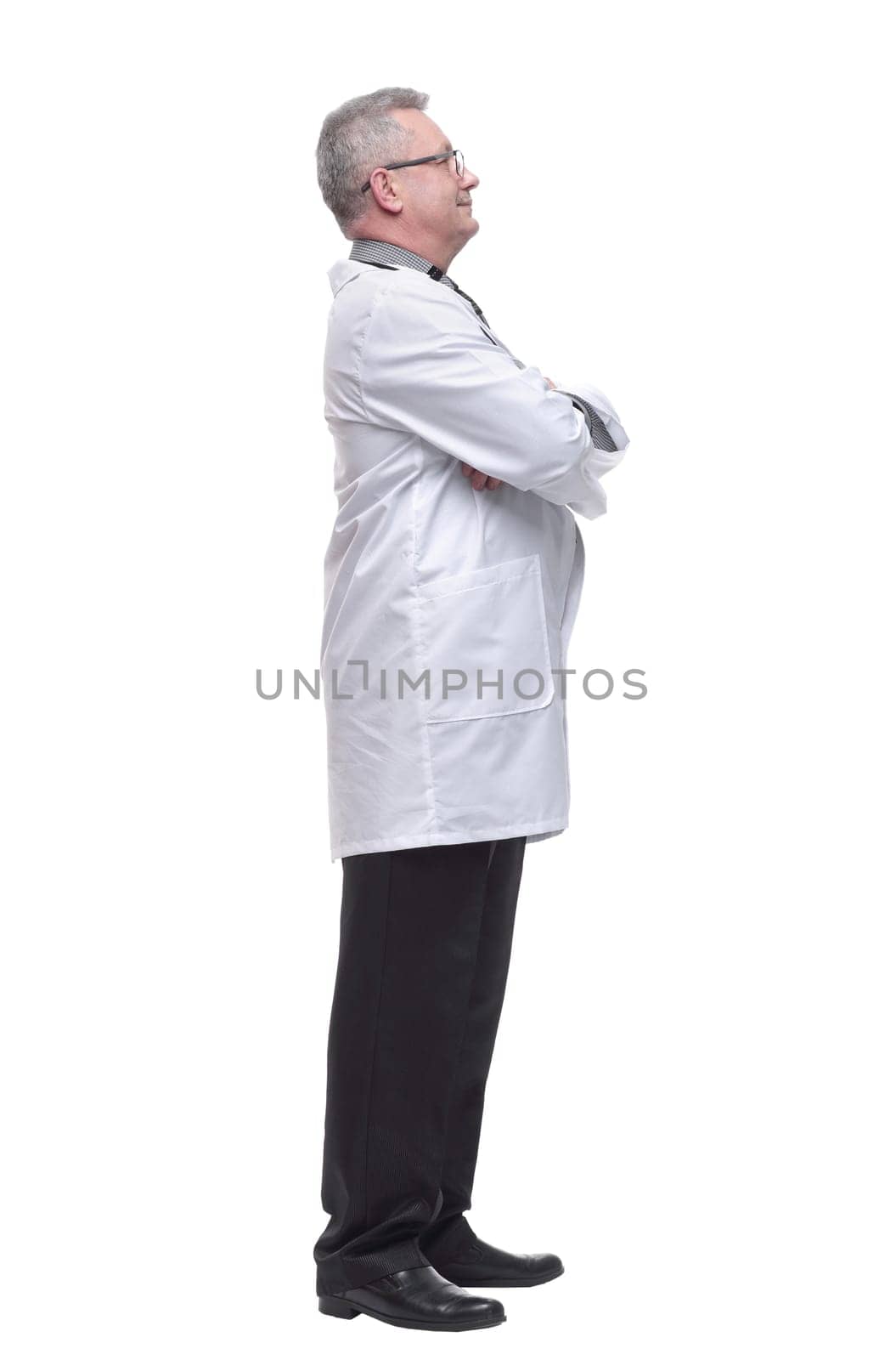 Professional doctor with stethoscope and wearing glasses in a side view image over white background