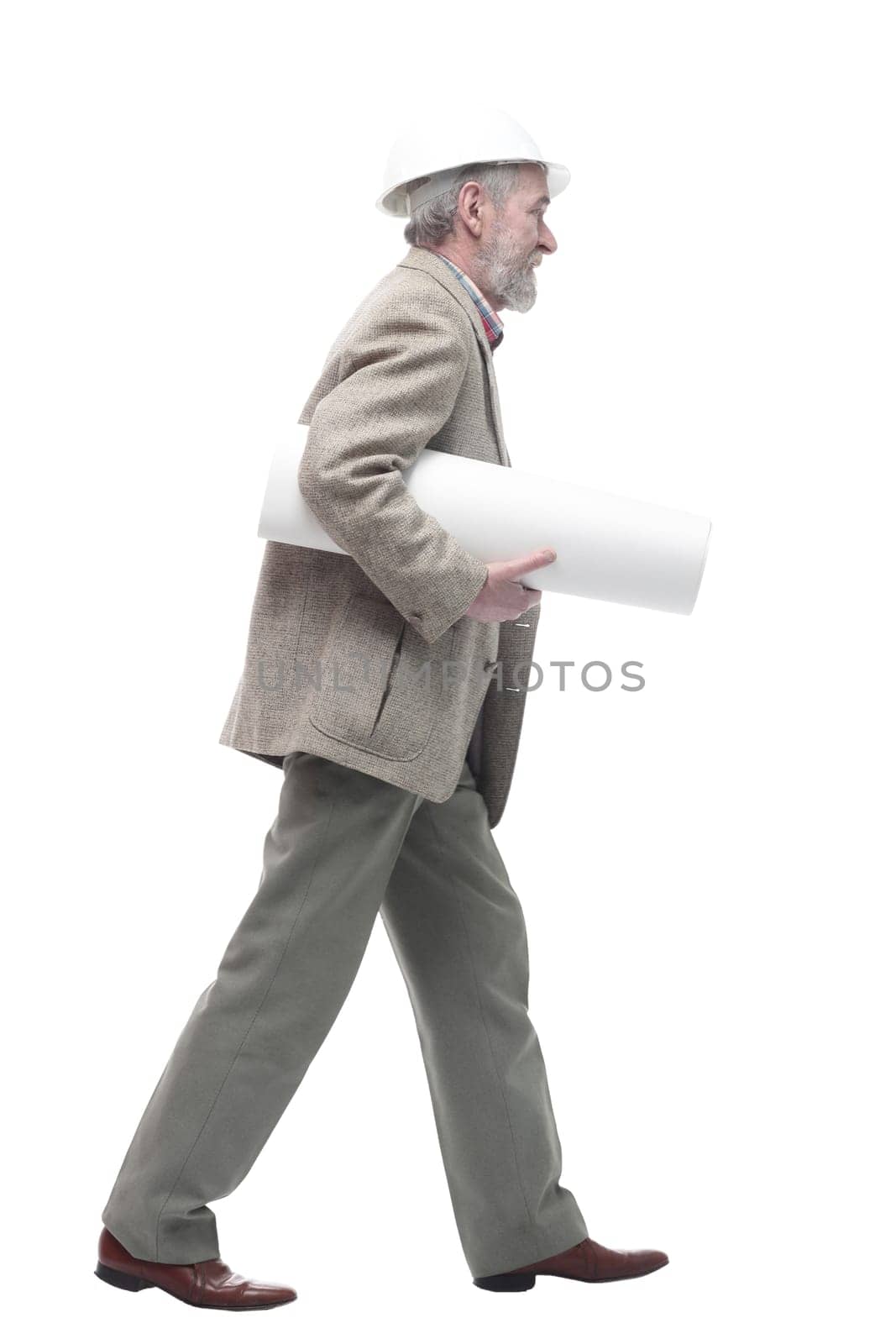 in full growth. male architect with drawings. isolated on a white background.