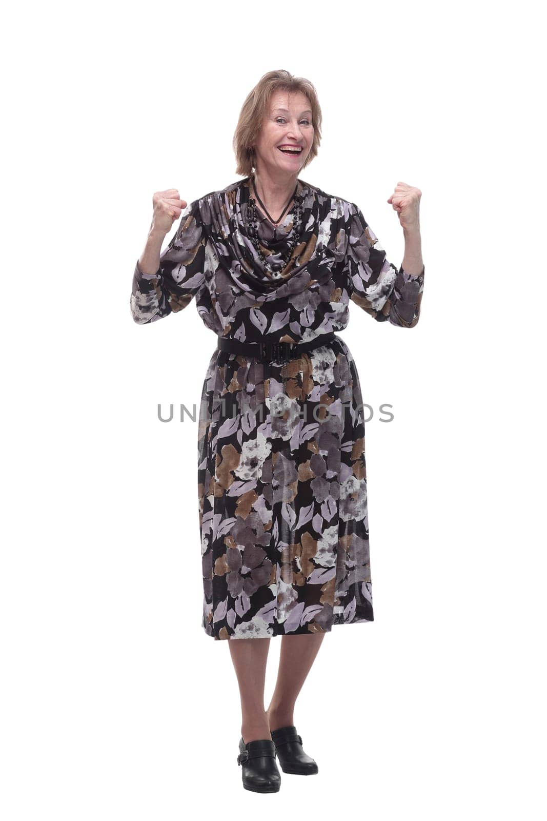 Old adult glad excited cheerful lady smiling, laughing, screaming, raising hands, opened mouth, isolated over white background