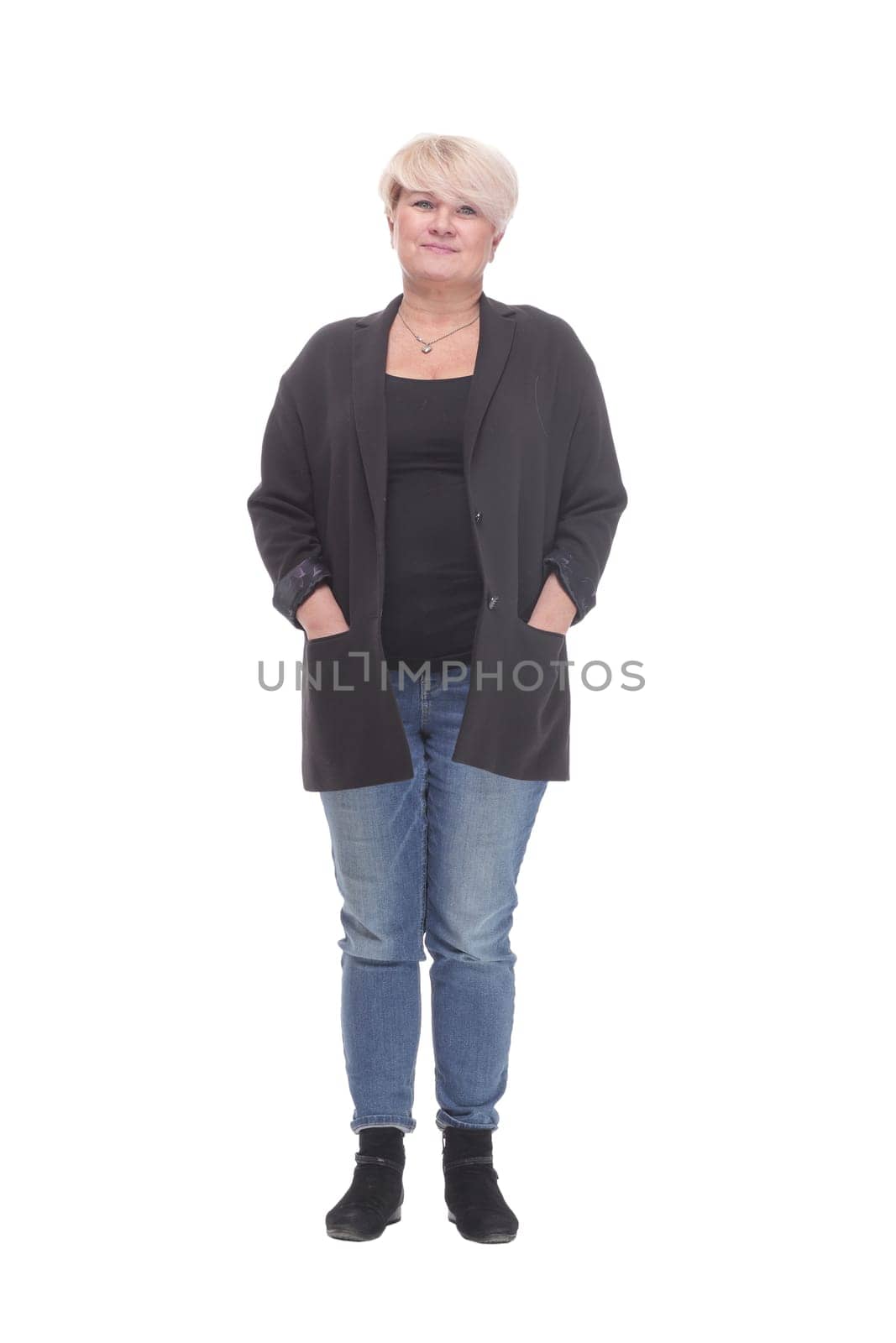 full-length. casual mature woman with shopping cart . isolated on a white background.