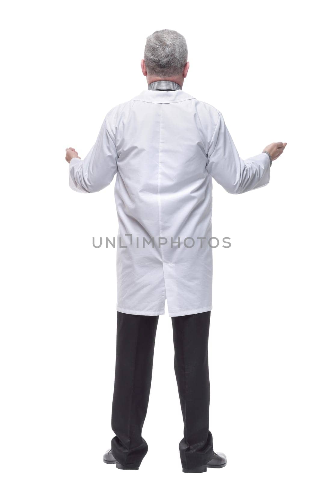 Rear view of medical doctor, man standing back wear doctors lab white coat isolated over white background