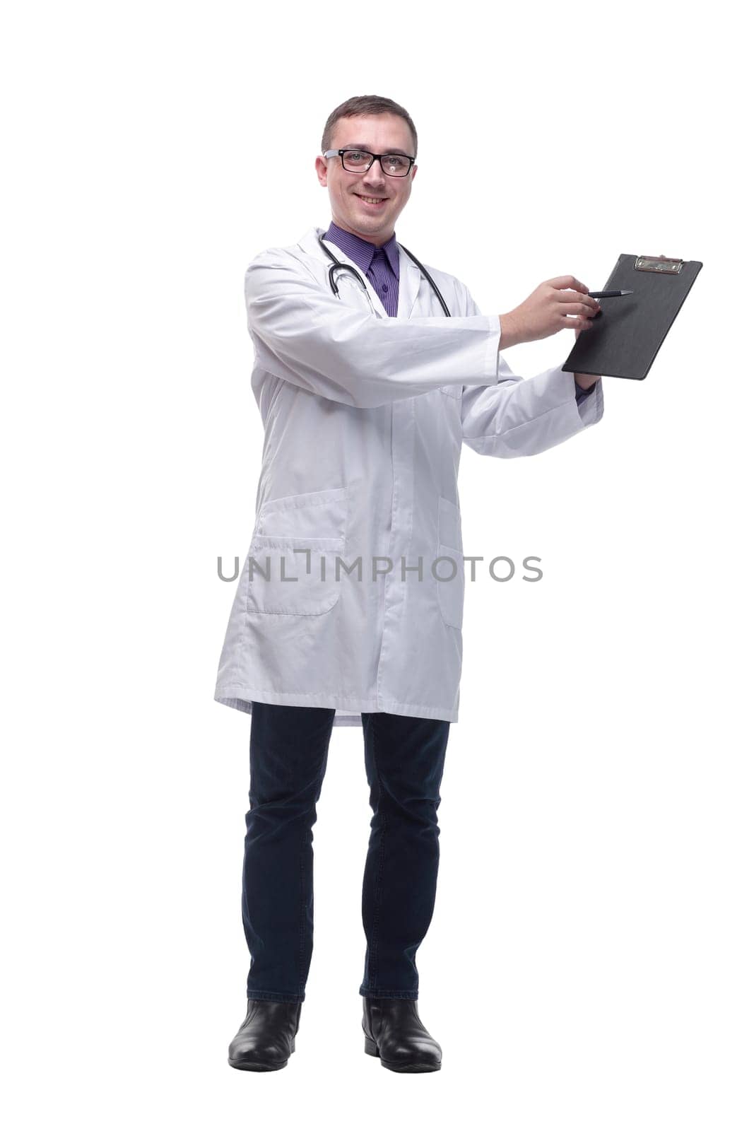 Happy smiling doctor writing on clipboard, isolated on white background