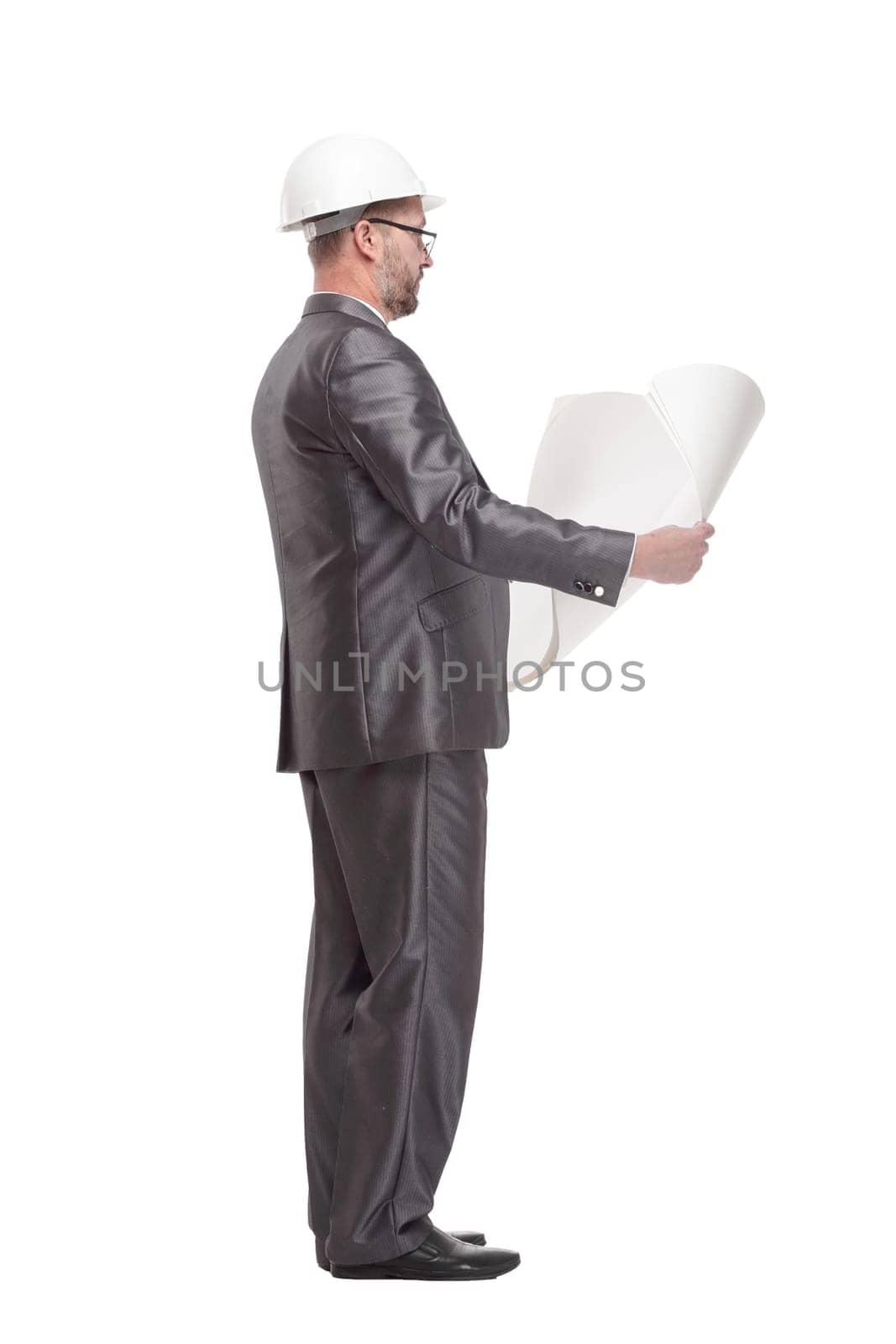 smiling business man with drawings. isolated on a white background. by asdf