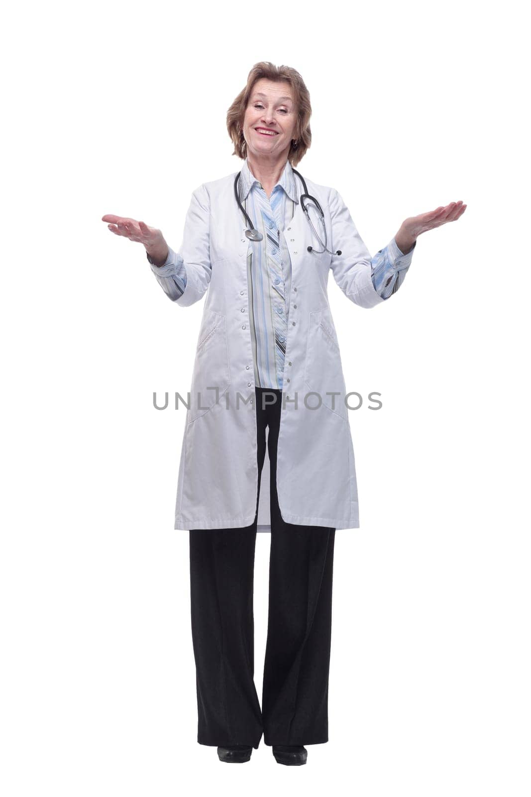 Smiling medical worker with stethoscope and positive attitude. Isolated over white background.