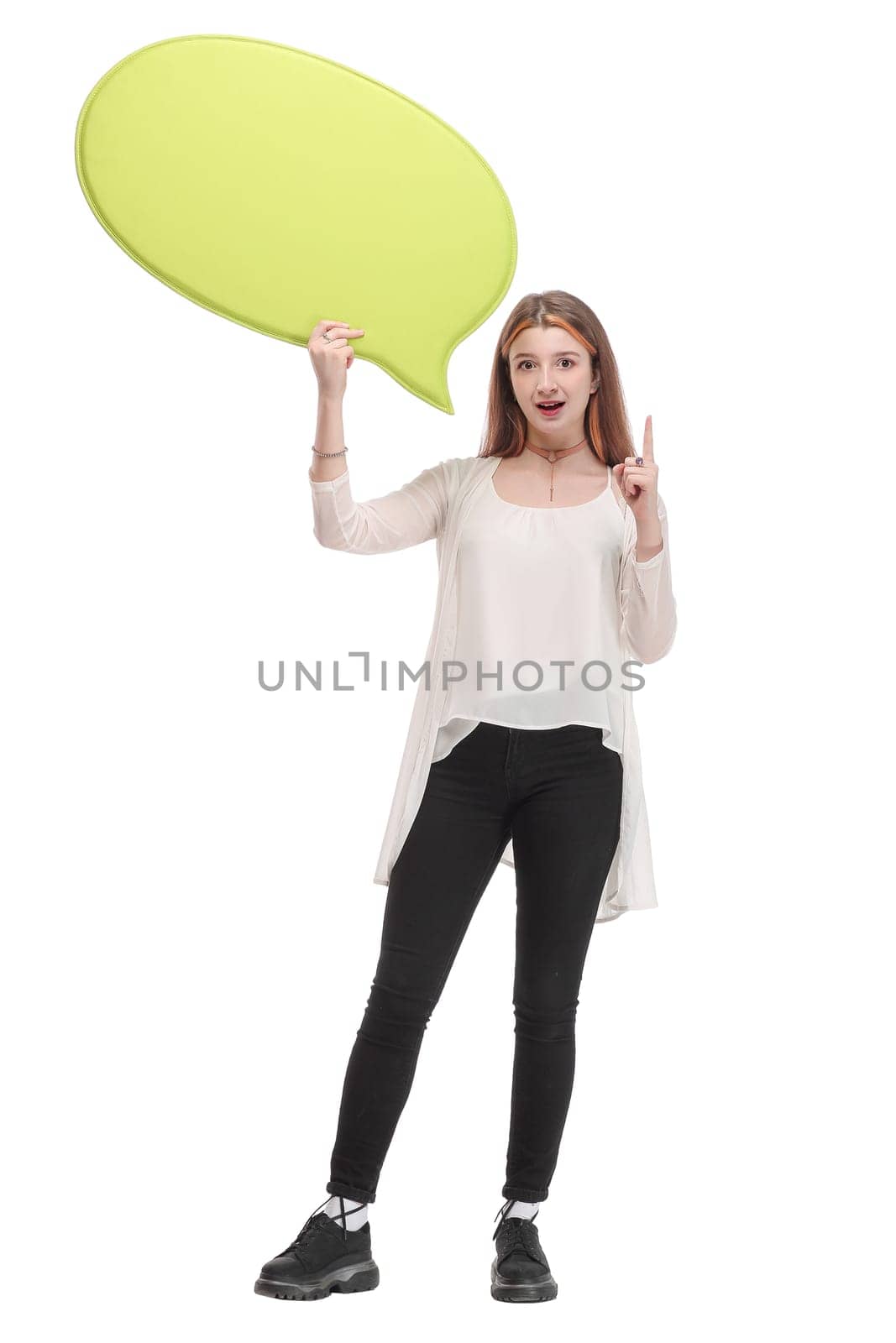 Picture of happy teenage girl with blank text bubble looking at camera