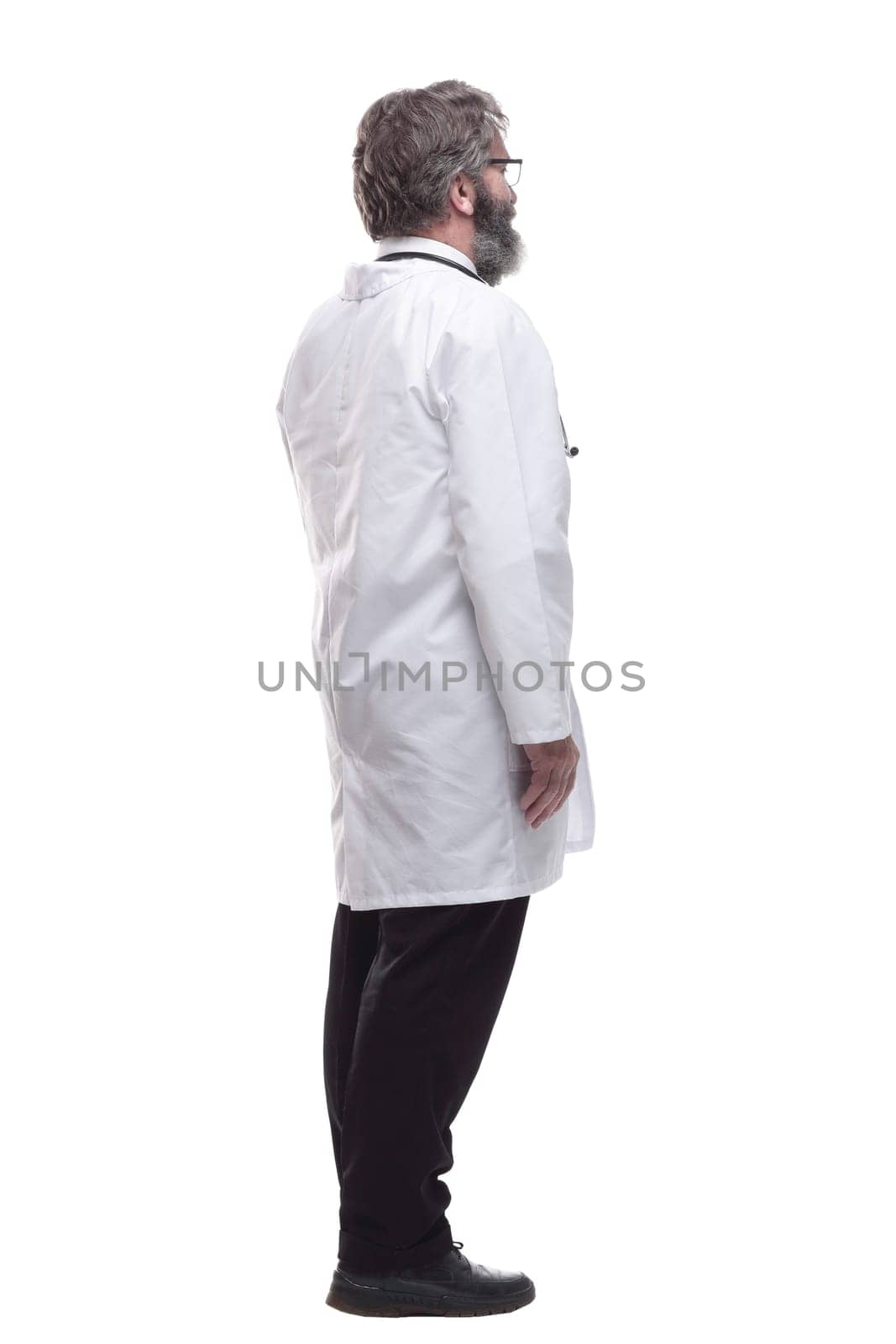 male doctor is pointing at the white screen. isolated on a white by asdf