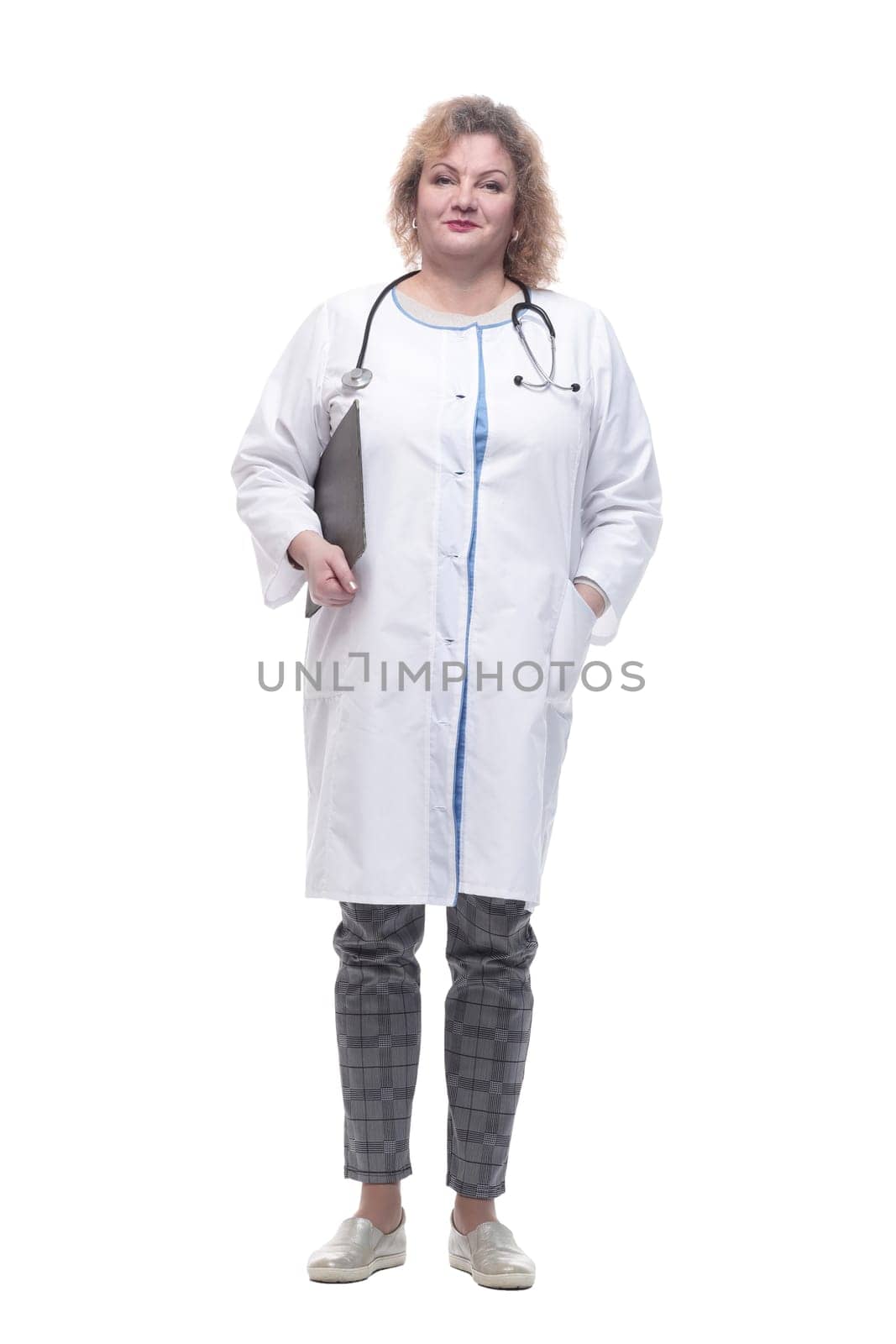senior female doctor with clipboard. isolated on a white by asdf