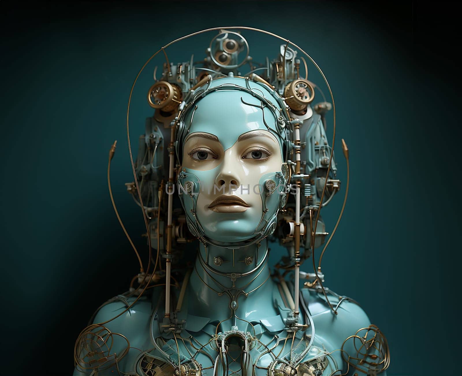 Young beautiful woman robot in green cyber suit. AI generated by kuprevich