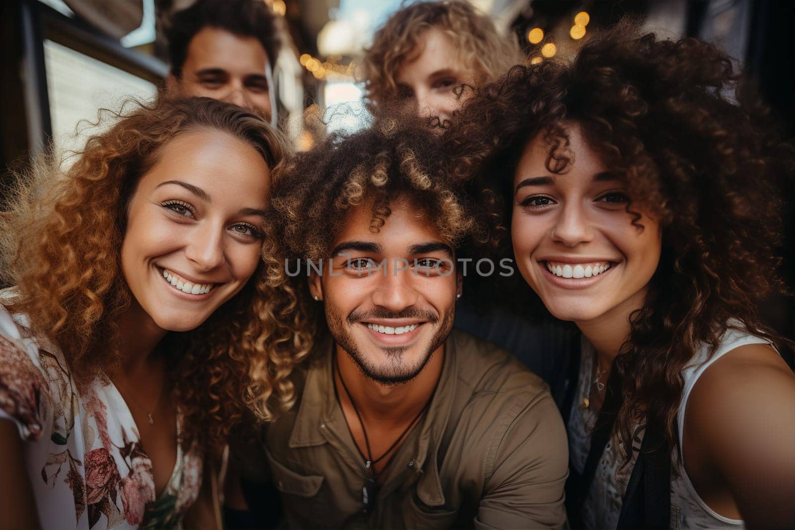Group of handsome young people smiling and taking selfie at party in club. Friends meeting concept. AI generated