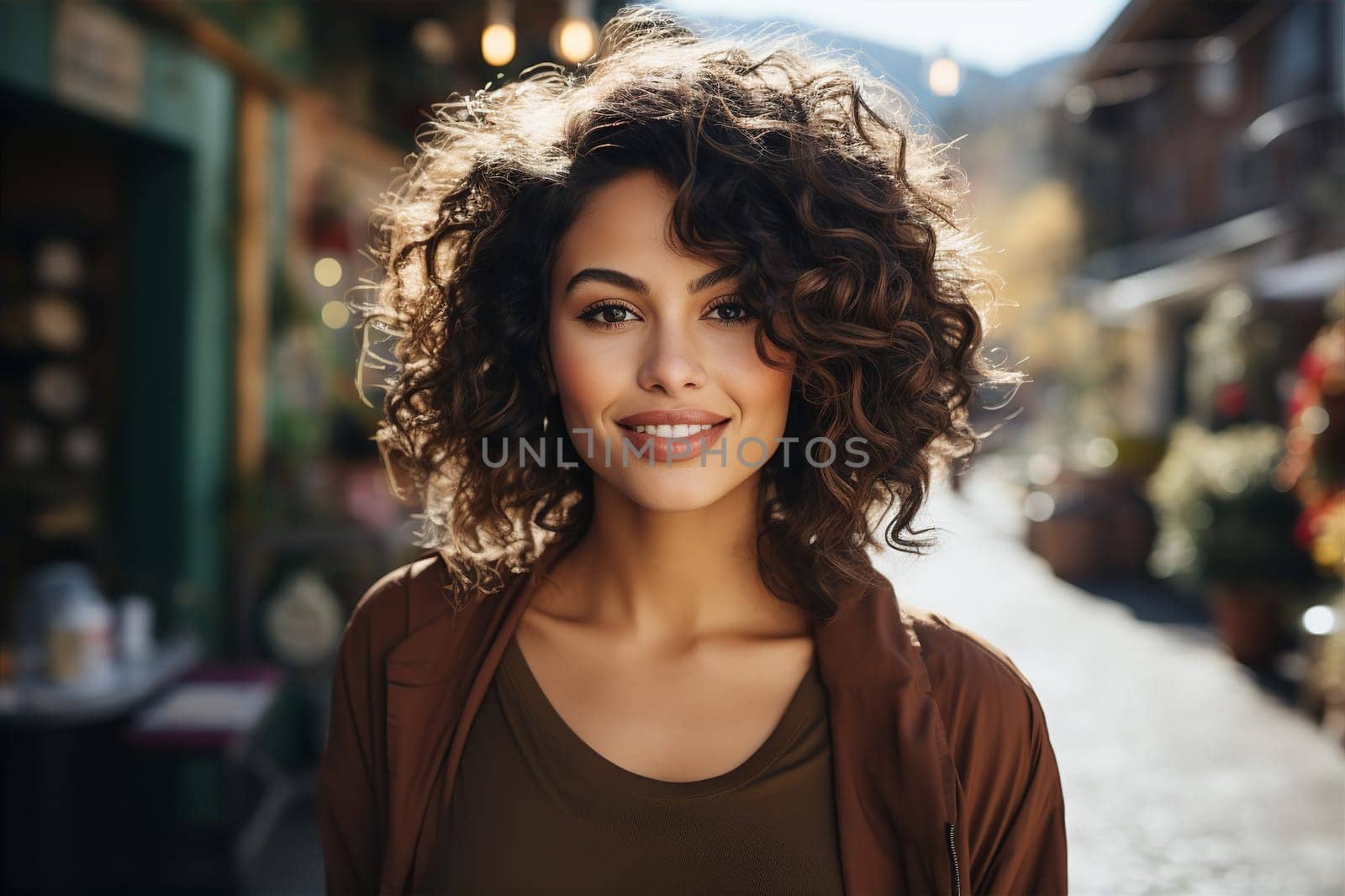 Beautiful woman with curly hair on background of mountains portrait by kuprevich