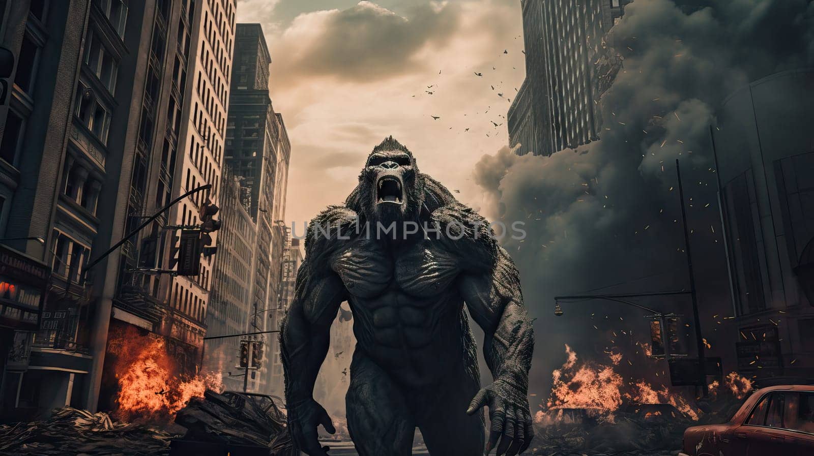 A giant gorilla monster on the streets of a metropolis. A prehistoric primate that has survived to the present day. A popular character of mass culture. Template for poster, t-shirt print, etc.