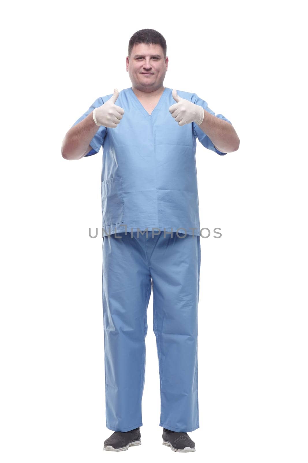 male medic in protective gloves . isolated on a white background.