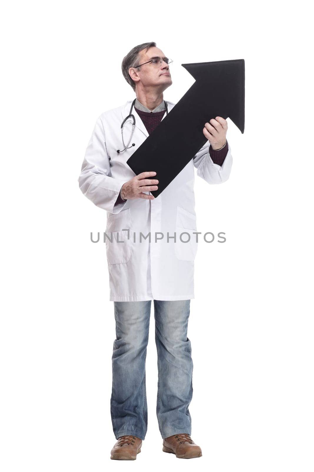 doctor with a stethoscope pointing in the right direction. by asdf