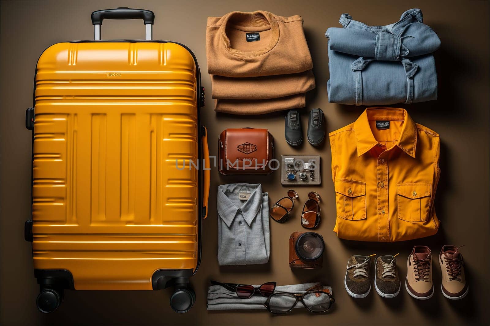 Clothes and shoes near yellow suitcase top view. Preparing for travel concept. AI generated
