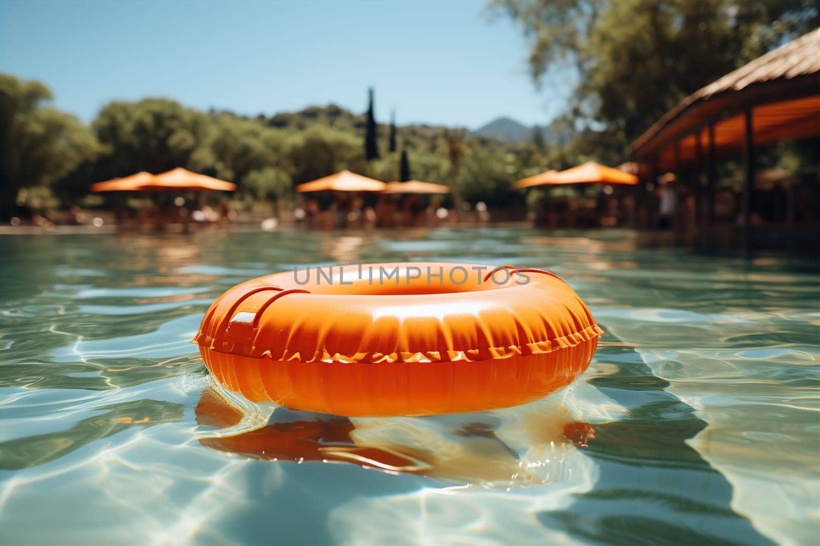Orange lifebuoy on water in swimming pool closeup. Help for drowning people. AI generated
