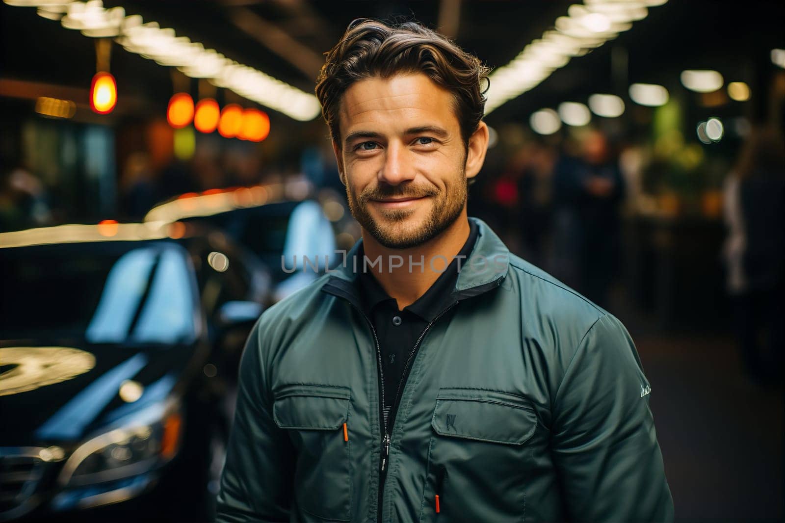 Portrait of young smiling man near car in parking lot. Auto repair. AI generated
