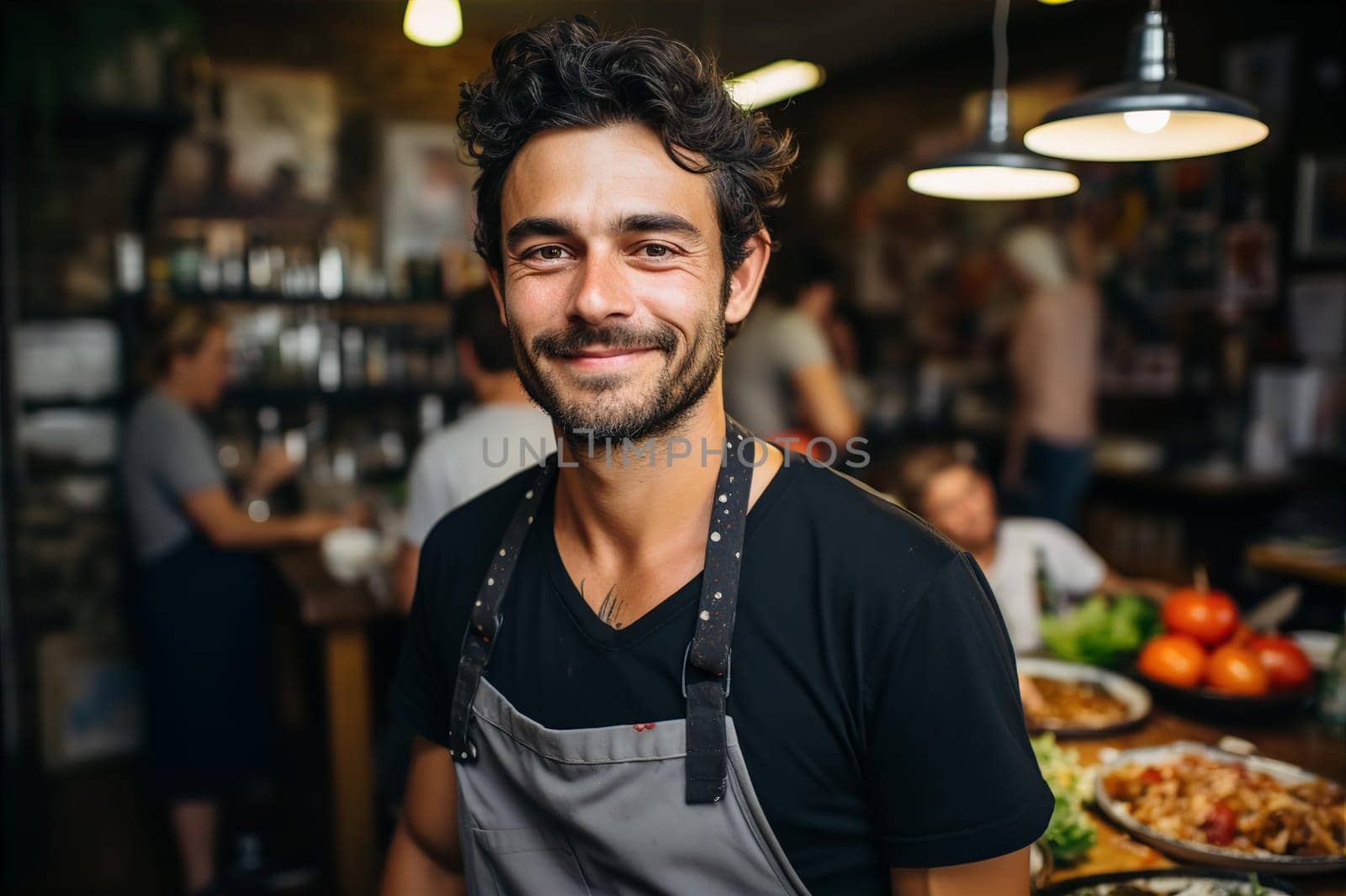 Portrait of male waiter in apron in cafe portrait. Service in restaurant concept. AI generated