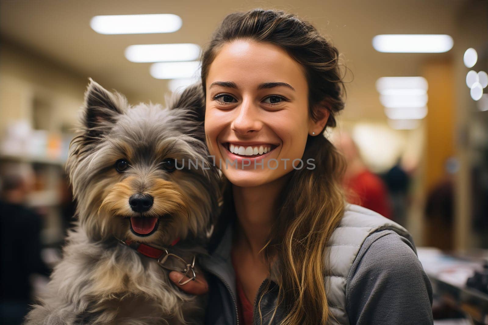 Young smiling woman doctor with dog in clinic. Medical care for pets concept. AI generated