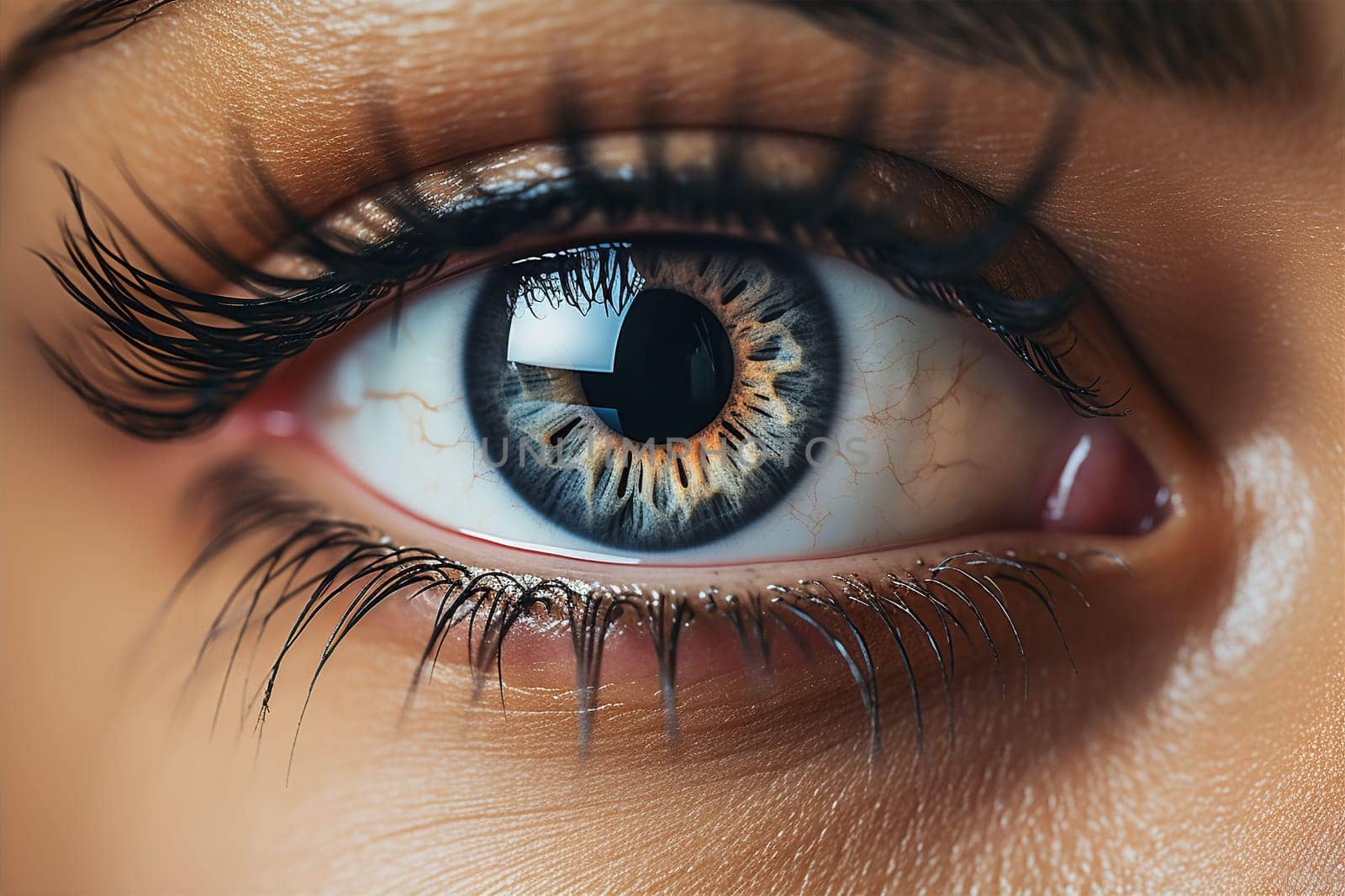 Beautiful blue eye of woman with long eyelashes and reflection on iris closeup macro by kuprevich